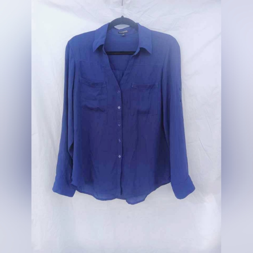 'EXPRESS' Women's Royal Blue Portofino Long Sleeve Button Up Blouse Sz. M